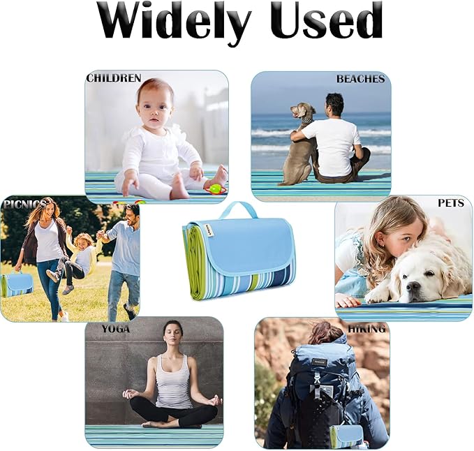Picnic Blanket Waterproof Washable Foldable 58''x79'',Extra Large Picnic Mat, Dual Layers for Outdoor Water-Resistant Handy Mat, Beach, Intdoor,Camping on Grass - Blue Stripes