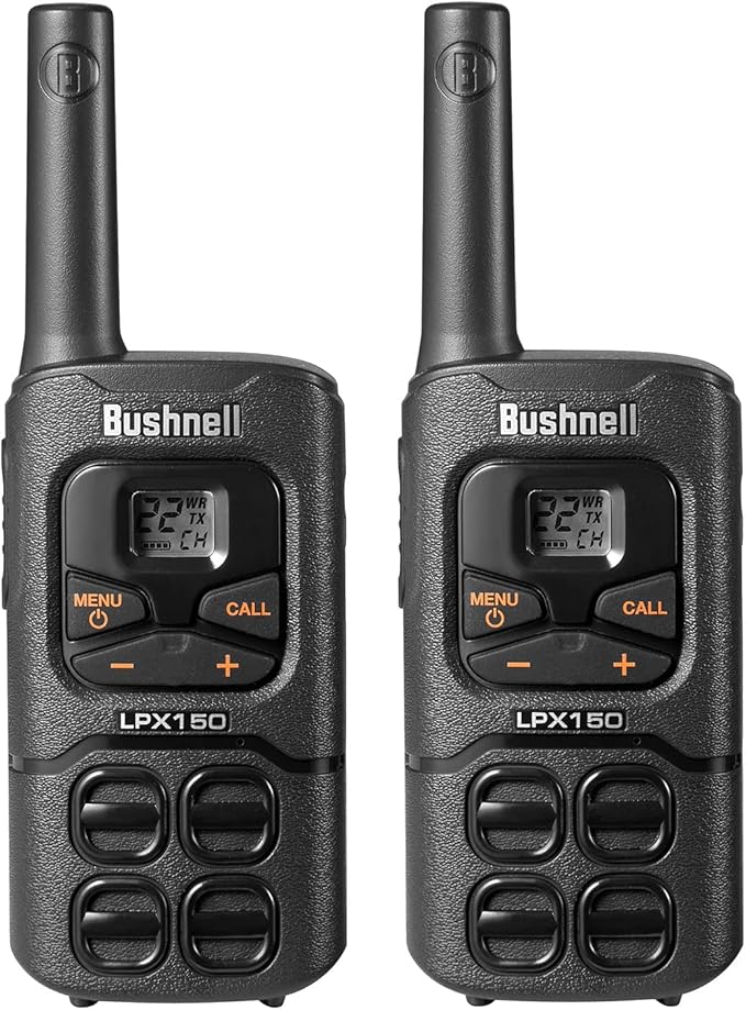 Walkie Talkies by Bushnell - LPX150 Long Range 2-Way Radio with NOAA Weather Radio - Heavy Duty Shock Resistant - 22 Channels & USB-C Charging (2 Pack)