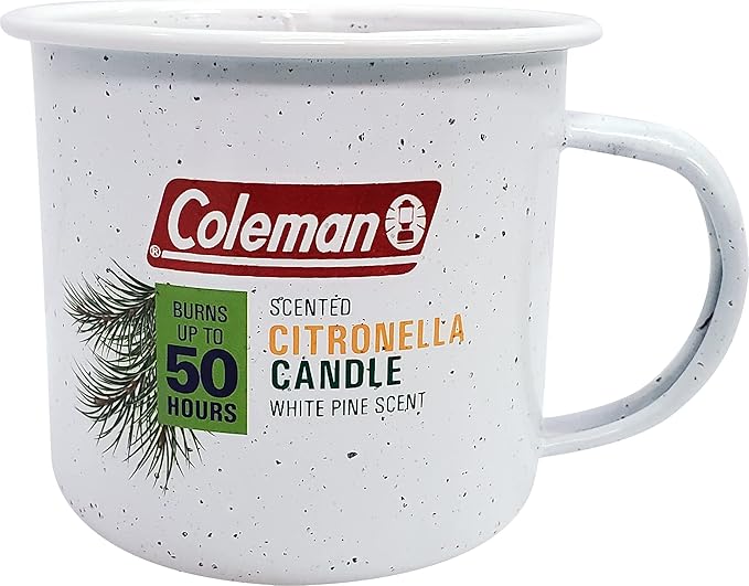 Coleman Repellents Tin Mug Outdoor Citronella Candle | Rustic Outdoor Camping Candle with White Pine Scent, White