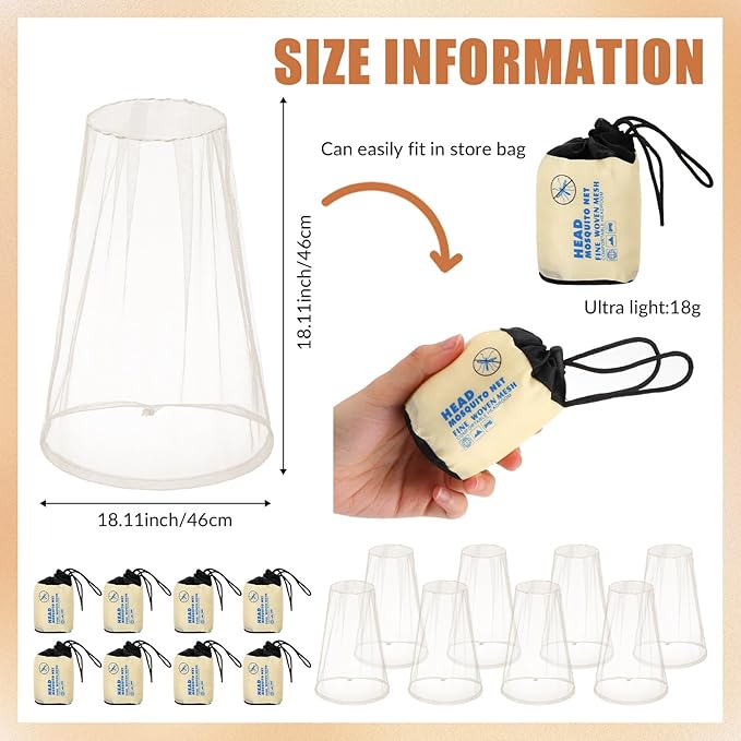Tudomro 8 Pcs Mosquito Head Face Fly Netting Hood Mosquito Net Hat 18 x 18 Inch Bug Net for Head with Carry Bags(White)