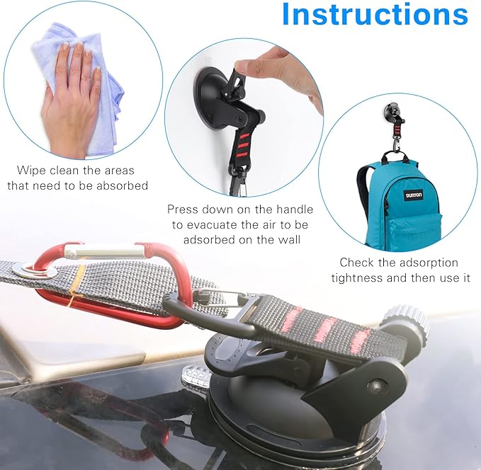 OCR 4 Pack Vacuum Suction Cup, Heavy Duty Sucker Cup Anchor with 8 Securing S Hook, Car Tensioner for Camping Car Mount Tents Luggage Tarps Car Side Awning (with Red Webbing Hook)