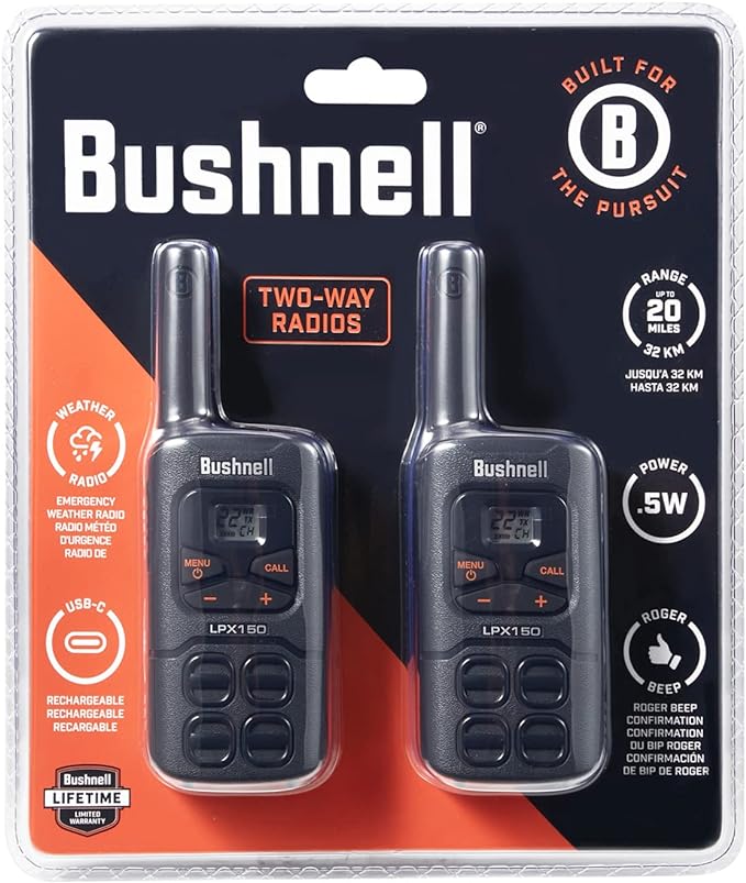 Walkie Talkies by Bushnell - LPX150 Long Range 2-Way Radio with NOAA Weather Radio - Heavy Duty Shock Resistant - 22 Channels & USB-C Charging (2 Pack)