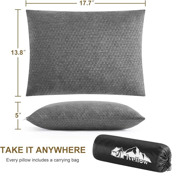 Ivellow Travel Pillow Compressible Camping Pillow for Sleeping Shredded Memory Foam Pillow Compact Firm Supportive Pillow for Adults Kids Outdoor Backpacking Hiking Essential Gear