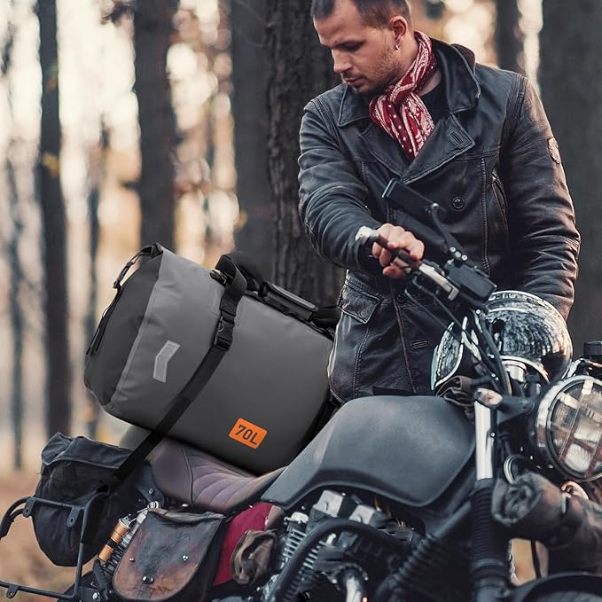 Motorcycle Dry Bag, Waterproof Duffel Bag & Roll-top Dry Duffel Bag, Motorcycle Luggage Travel Bag with Air Valve & Quick-adjust Straps For Riding,Travel, Grey,70L