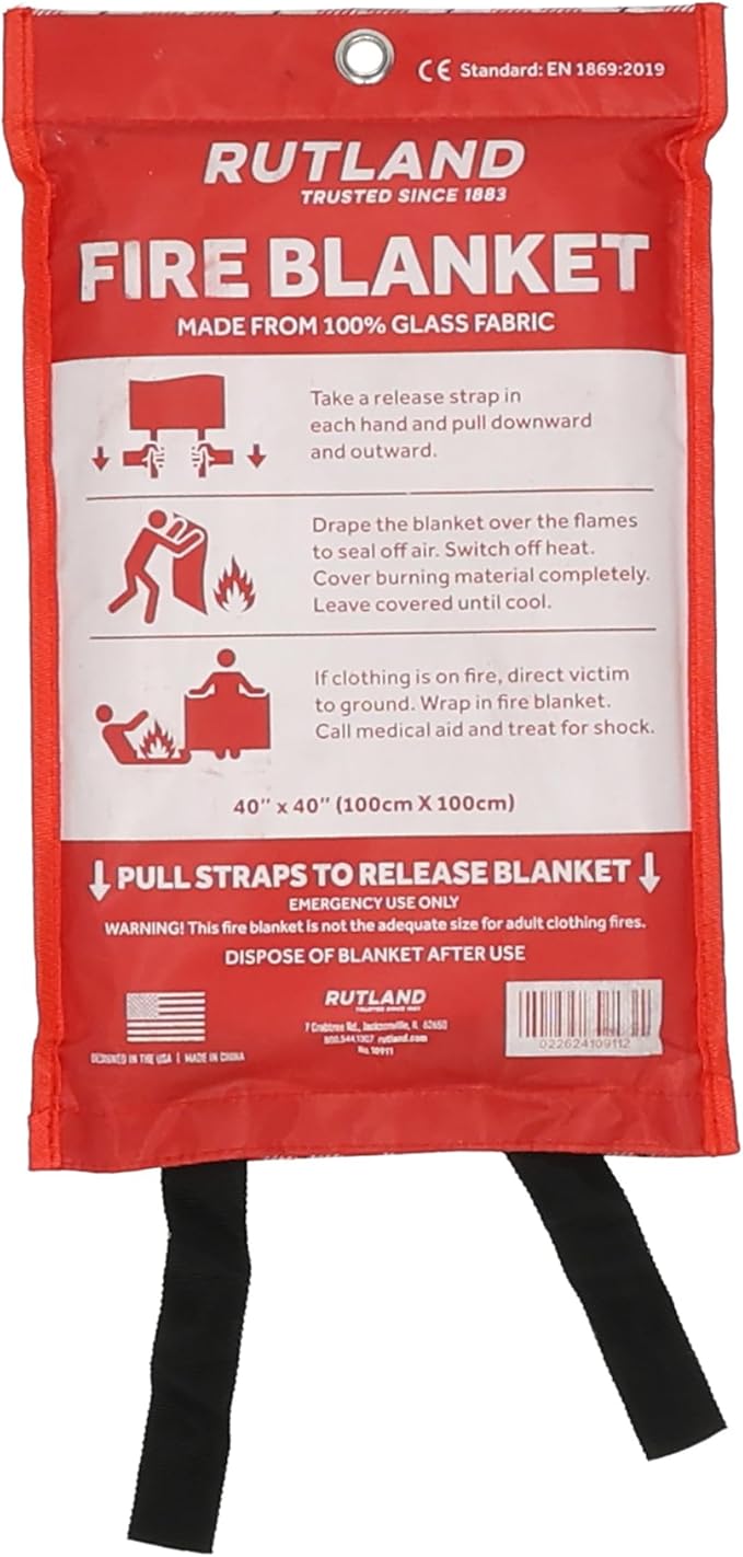 Rutland Fire Blanket for Home and Kitchen Emergency - 1 Pack, 40" x 40" - Fiberglass Fire Suppression Blanket Safety for Grilling, Camping and Boats (1)