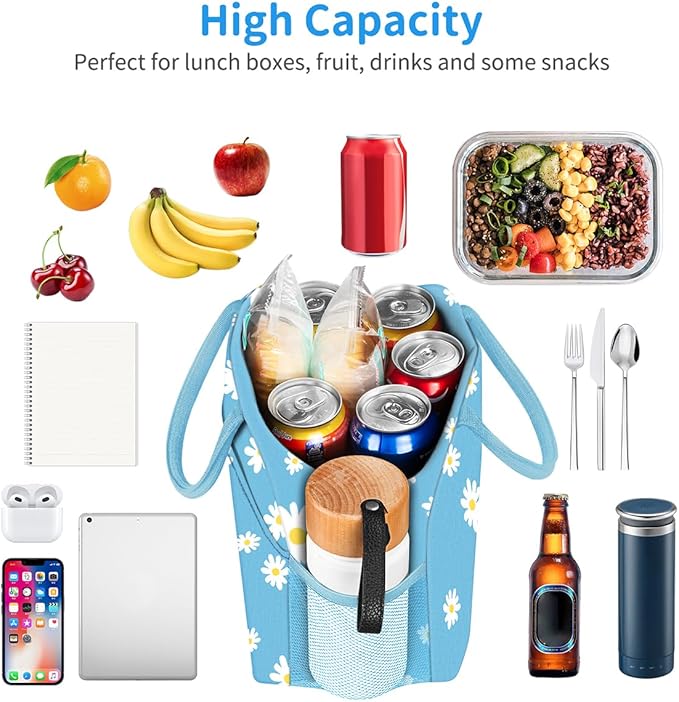 Lunch Bag Lunch Box for Women Men Reusable Insulated Lunch Tote Bag,Food Handbags Case High Capacity for Travel Work Picnic,Sky Blue Daisy