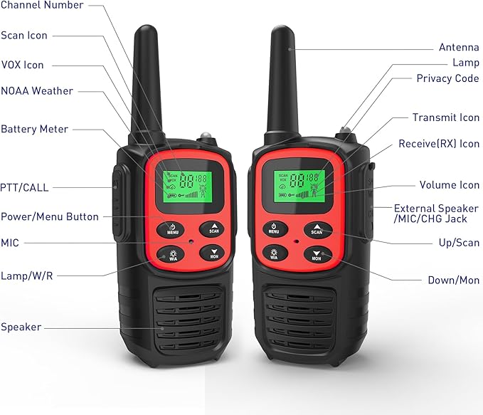 Rechargeable Walkie Talkies,Fvamom Walkies Talkies for Adults with 22 Channels,Long Range Walkie Talkies with NOAA Weather Channels,VOX LCD Display LED Flashlight (Red)