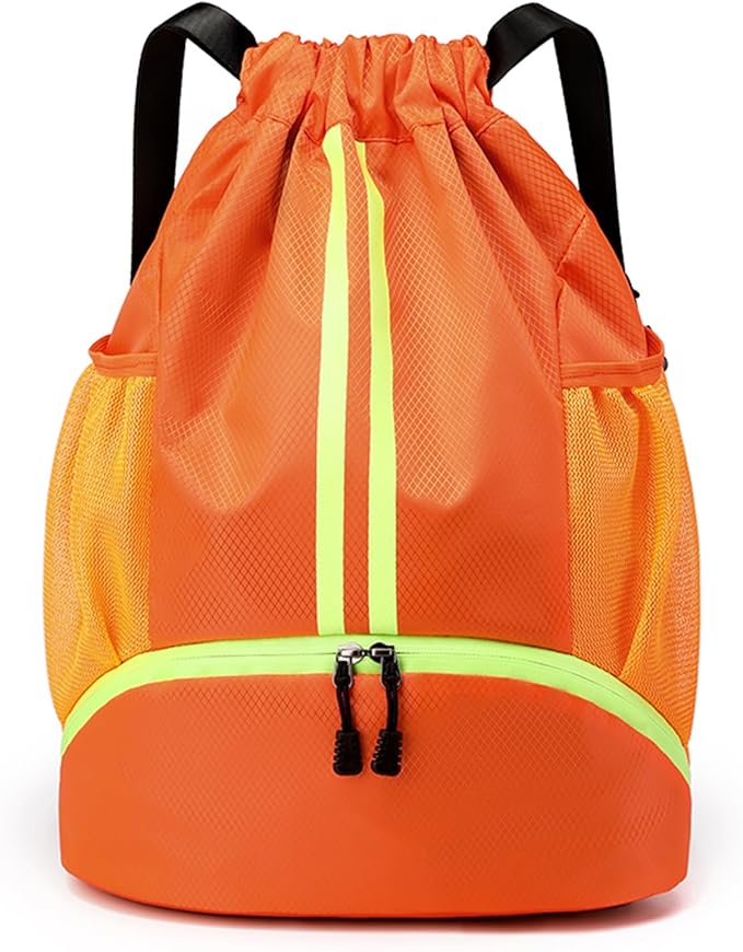 Sports Drawstring Backpack, Gym Bag for Men Women with Shoe Compartment, Waterproof Pocket, Drawstring Swim Bag (Orange)