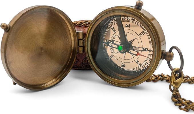 Brass Pocket Compass Hand Made Fully Functional Compass Antique Nautical Replica Item with Leather Case.