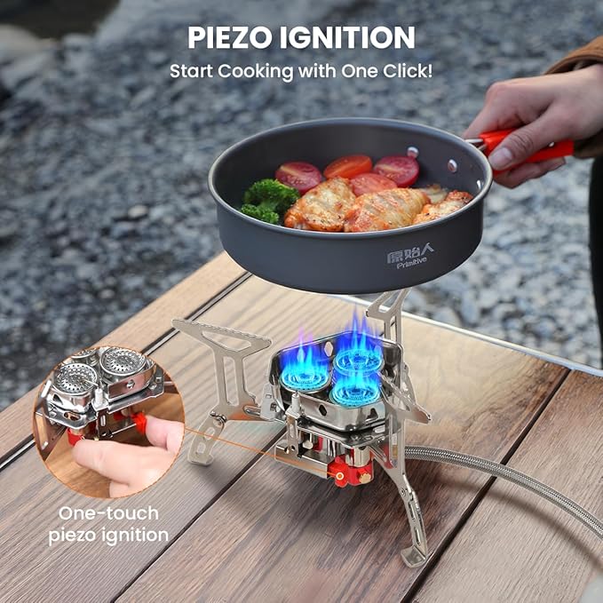 Portable Camping Stove with Propane Adapter - GEEKHOM 6800W Windproof Gas Stove Foldable Backpacking Stove, Piezo Ignition & Stable Pot Support for Outdoor Cooking Hiking