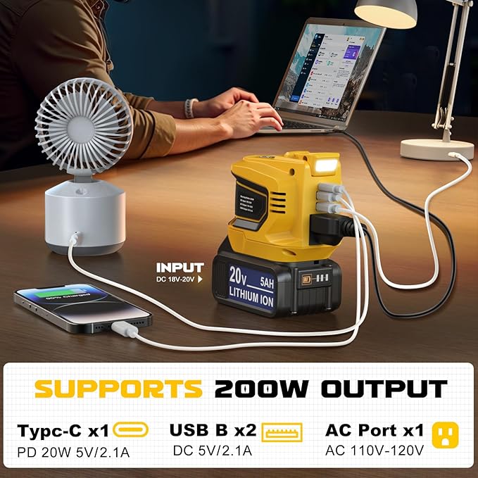 Power Inverter,200W Portable Power Station Generator for DeWALT 20V,Battery Inverter 20v to AC 110v,Supply Charger Adapter with Dual USB,AC Outlet and Type-C with 5Ah Battery & Charger Station Kit