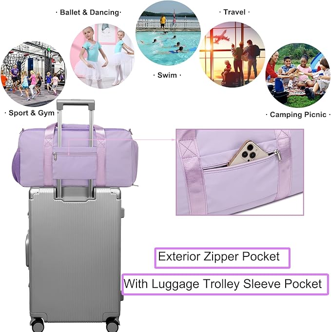 Dance Bag for Girls Sports Duffel for Girls Teen Duffle Bag Girls Weekender Bag Girls Overnight Bag Teen Gym Bag Travel Ballet Bags Yoga Bags Cheer Bag with Shoe Compartments(Purple)