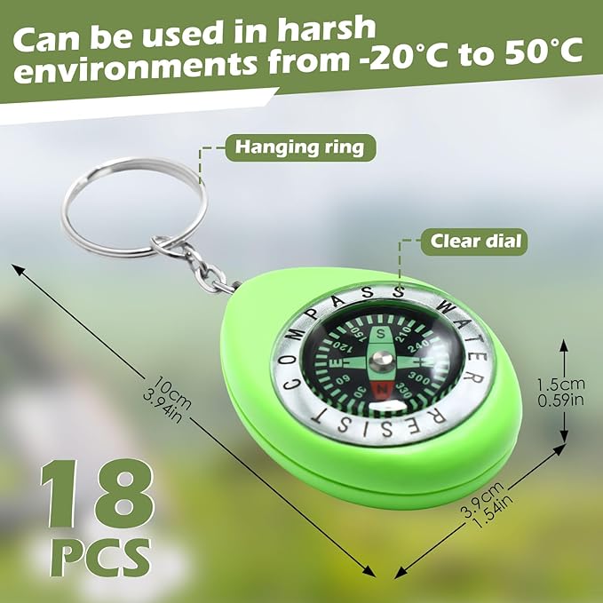 Janinka 18 Pcs Small Keychain Compass for Kids Mini Pocket Survival Compass Bulk for Outdoor Hiking Camping Hunting Climbing