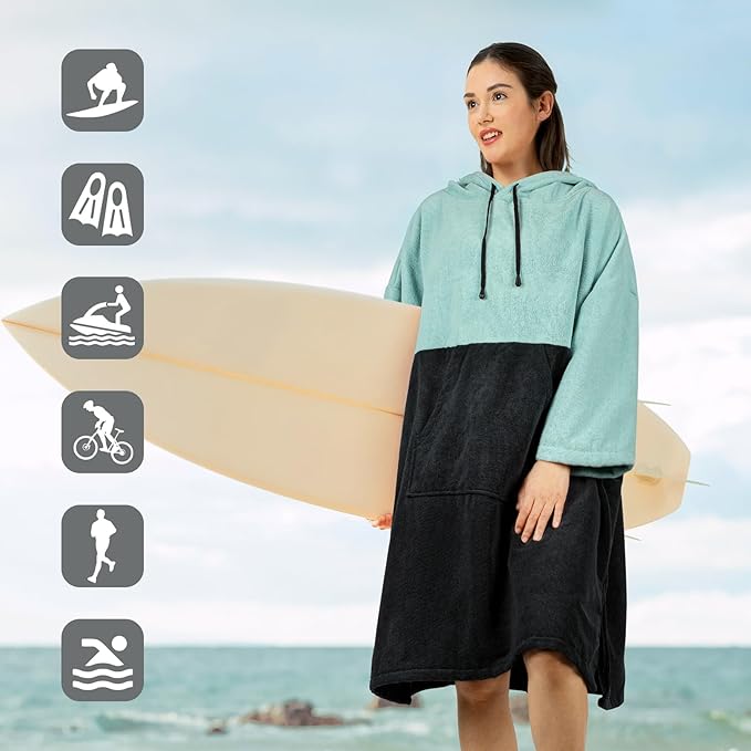 Surf Poncho Changing Robe, 3/4 Sleeve Extra Large Thick Hoodie Towel Poncho for Men Women Beach Swimming, 39‘’x33‘’, Black Teal