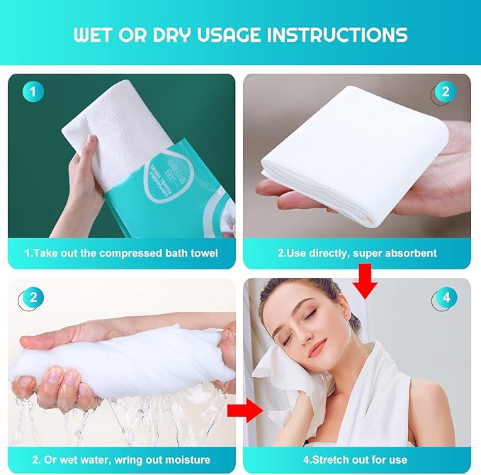 GXF 2 Packs Compressed Bath Towel Tablets, 56'' x 28'' Pure Cotton Portable Disposable Hypoallergenic Dehydrated Expandable Compact Compressed Towels Washcloths for Camping Swimming Traveling Hiking