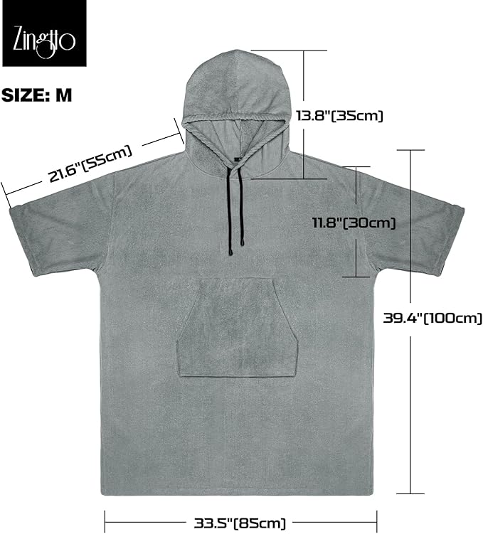 Surf Poncho Changing Robe, 3/4 Sleeve Extra Large Thick Hoodie Towel Poncho for Men Women Beach Swimming, 39"x33", Gray