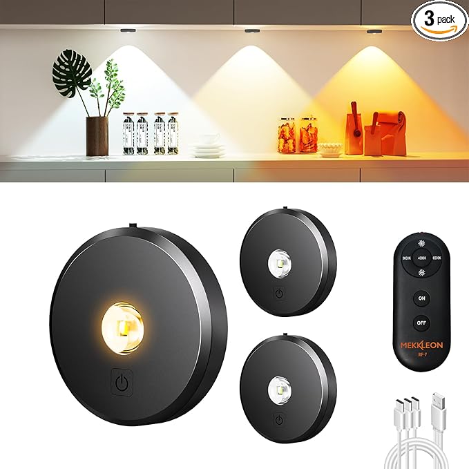 Puck Lights with Remote Control,2000mAh Rechargeable Under Counter Lighting,3 Color Temperatures Dimmable Under Cabinet,Closet Light,3Pack Tap Light for Hallway (Dark Grey, 3 Pcs)