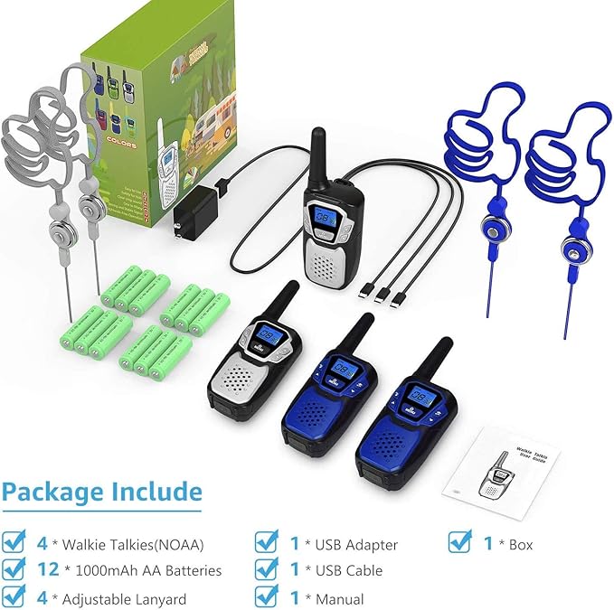 Walkie Talkies Rechargeable, 4 Pack Easy to Use Long Range Walky Talky for Adult Handheld Two Way Radio with NOAA for Hiking Camping (2Blue & 2Silver with Micro-USB Charger/Battery/Lanyard)