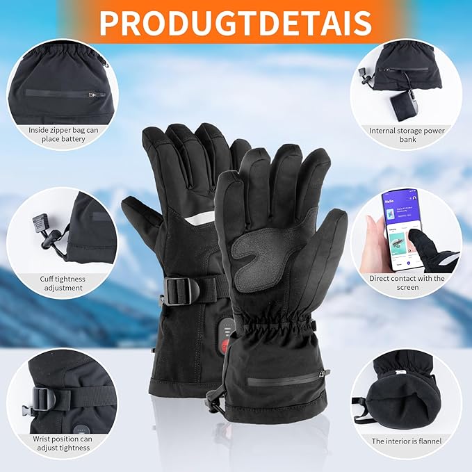 Fohil Heated Gloves for Men Women - Electric Heated Winter Gloves Rechargeable 3200mAh, Waterproof Touchscreen 3 Temperature Level Adjustable Heating Work Gloves for Skiing Motorcycling Hiking