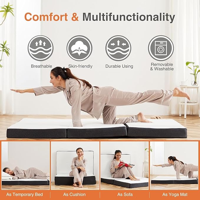 Sweetcrispy Tri-fold Memory Foam Mattress - 3 Inch Queen Size Portable Bed Pad, Foldable Floor Mat, Collapsible and Washable Cover with CertiPUR-US Certified, for Travel & Camping & Yoga