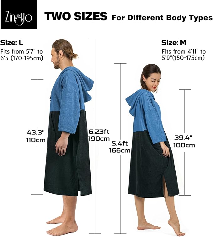 Surf Poncho Changing Robe, 3/4 Sleeve Extra Large Thick Hoodie Towel Poncho for Men Women Beach Swimming, 43" x 35", Black Blue