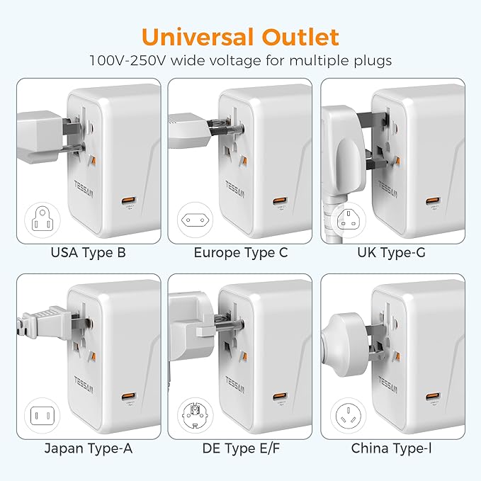 TESSAN Universal Travel Adapter, 45W International Plug Adaptor with 2 USB C 3 USB A Ports, Travel Worldwide Power Outlet for US to European EU UK AUS Ireland(Type C/G/A/I)