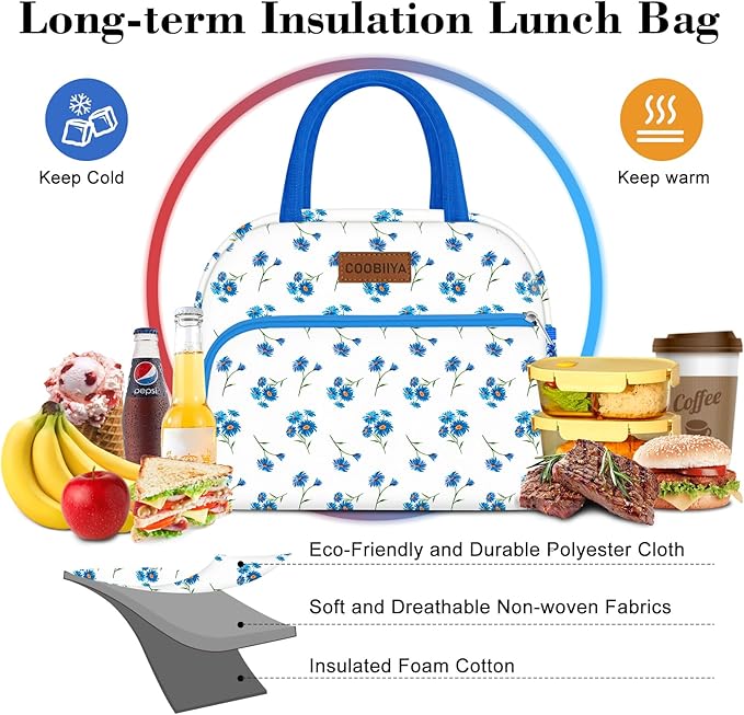Coobiiya Lunch Bag Women, Lunch Box for Women Adult Men, Small Lunch Bag Leak-proof Cute Lunch Tote Large Capacity Reusable Insulated Cooler for Work/Office/Picnic/Travel-Blue Daisy