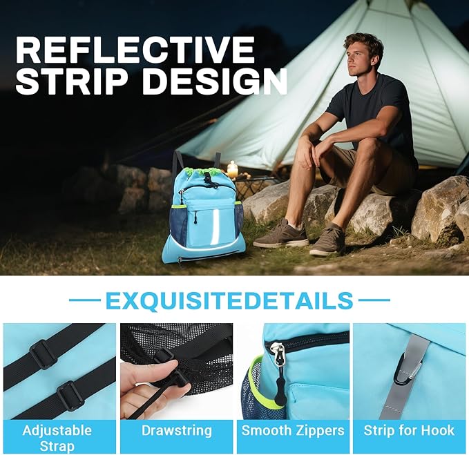Drawstring Backpack, Waterproof Sandproof Beach Backpack for Sport Gear Small Gym Bag with Hidden Ball Net Pocket and Seperated Wet Pocket Draw String Back Bag for Women Men, Blue