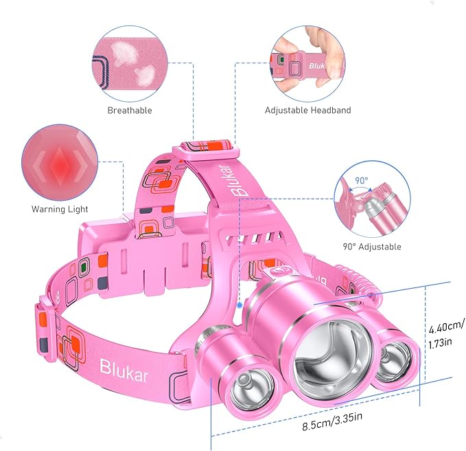 LED Headlamp, 8000L Super Bright Rechargeable Headlight Flashlight - 3 Lights 5 Modes,Zoomable,Spotlight&Floodlight Combination, IPX6 Waterproof, 20+Hrs Runtime for Running,Hiking etc-Pink