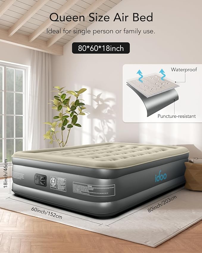 iDOO Luxury Air Mattress with Built in Pump, Queen Size Inflatable Mattress for Camping, Guests, 18" Raised Comfort Blow up Mattress, Portable & Waterproof Air Bed, Colchon Inflable