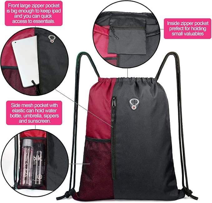 Drawstring Backpack Sports Gym Bag for Women Men Large Size With Two Zipper Pockets and Water Bottle Mesh Pockets