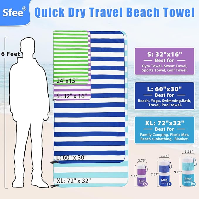 Sfee 2 in 1 Microfiber Oversized Beach Towel, Quick Dry Towel Travel Towel Camping Towel Super Absorbent Compact Lightweight Sports Towel Gym Towel for Beach,Gym, Hiking, Pool, Backpacking, Bath, Yoga