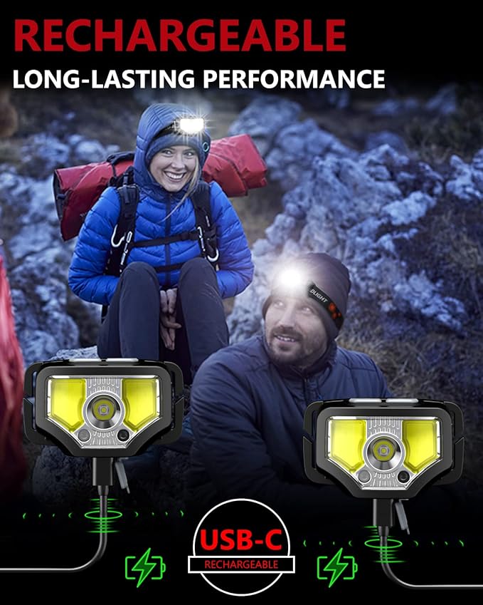 Headlamp Rechargeable 2PCS, 1200 Lumen Super Bright LED Flashlight with Motion Sensor for Adults and Kids- Camping Accessories Gear, Waterproof for Hiking, Running, Fishing, Cycling