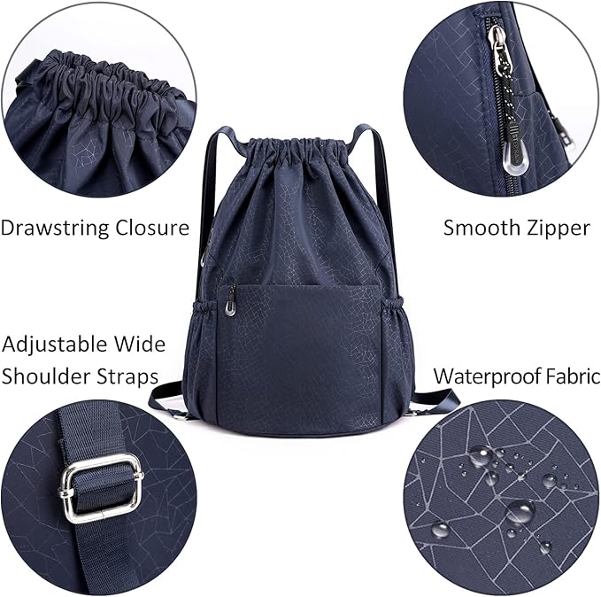 Drawstring Backpack Sports Yoga Sackpack for Women Men Waterproof Nylon Gym Sack DayPack with Multi Pockets (navy)