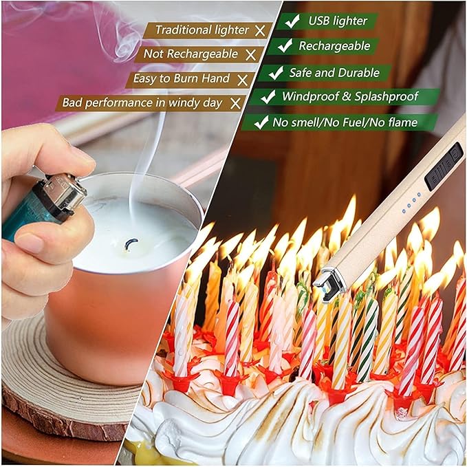 MEIRUBY 2 Pack Lighter Electric Candle Lighter Long Electronic Rechargeable USB Lighter Arc Windproof Flameless Lighters for Candle Camping BBQ Birthday Gifts for Women Mom Wife Men