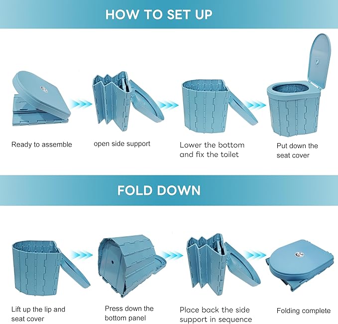 Upgrade Portable Foldable Toilet, Outdoor Toilet for Camping Hygiene & Sanitation, Emergency Potty for Truck Travel Hiking Fishing Long Trip, Floding Toilet with lid, storage bag, and 15 pc trash bags
