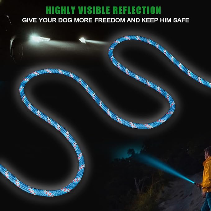 Dog Tie Out Cable for Camping,50ft Portable Overhead Trolley System with 10ft Runner Lead for Dogs up to 200lbs,Portable Reflective Dog Lead Line for Yard, Park and Outdoor (Blue)