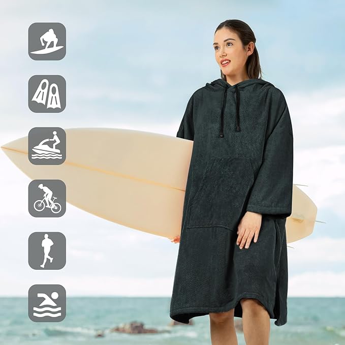 Surf Poncho Changing Robe, 3/4 Sleeve Extra Large Thick Hoodie Towel Poncho for Men Women Beach Swimming, 39"x33", Black