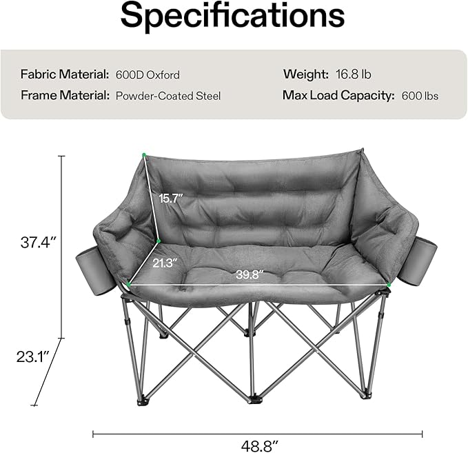 VIVOSUN Double Camping Chair, Fully Padded Folding Loveseat, Oversized Duo Chair with Cup & Wine Glass Holders, Pocket, Armrests & Carry Bag