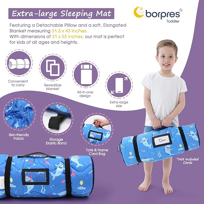 Nap Mat with Pillow Blanket Set: Sleeping Mats for Toddler Kids - Thick Large Roll up Slumber Bag for Daycare Preschool Kindergarten Boys Girls