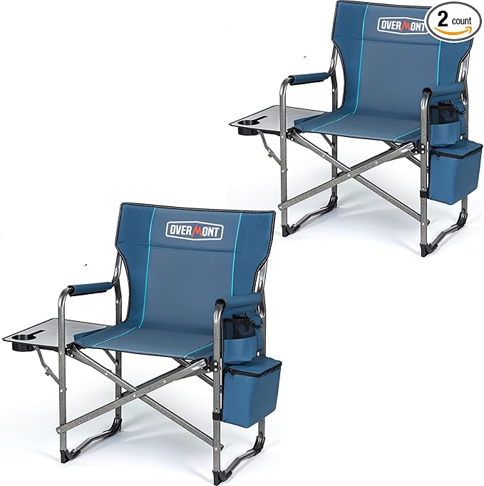 Overmont Oversized Lightweight Camping Chair - Comfortable Heavy Duty Foldable Directors Chairs with Side Table & Cooler Bag for Outside Camp Beach Picnic Lawn and Fishing Supports 400lbs