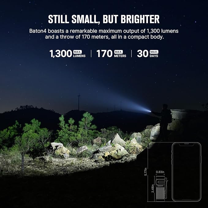 OLIGHT Baton4 Rechargeable EDC Flashlight, LED Pocket Flashlight 1300 Lumens with Magnetic Charging Cable, Small Powerful Bright Flashlight IPX8 Waterproof for Home, Camping, and Emergencies (Black)
