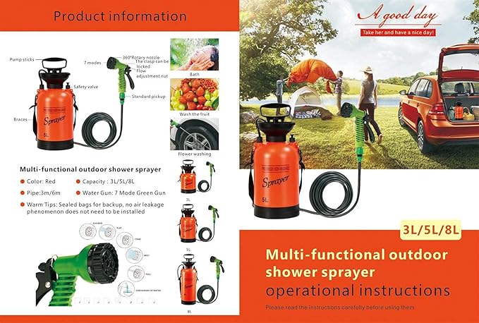CLICIC 0.75 Gallon Pressure Sprayer with 7 Spray Modes, Camping Shower with Removable Hose and Shower Head for Camping Outdoor Traveling Hiking and Pet Bath