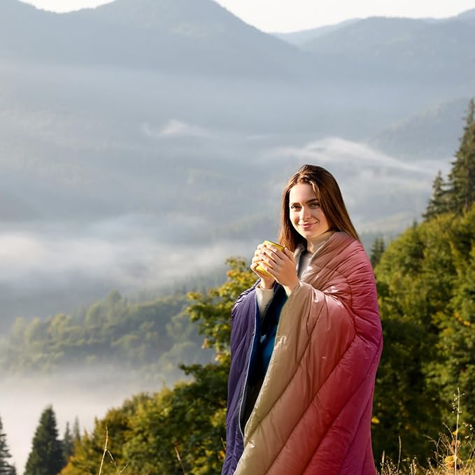 zzlamb Camping Blanket, Lightweight Cloak Puffy Down Alternative Travel Blanket, Portable & Windproof Warm Outdoor Blanket, Cozy Quilt Plane Car Picnic Hammock Beach Backpacking, 52x75in