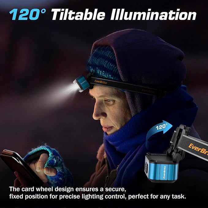 EverBrite Rechargeable LED Headlamp, Ultra-Light with Hat Clip, IP67 Waterproof, White/Red/Green Light, 7 Modes for Camping, Running and Backpacking-Blue