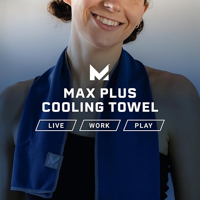 Mission Max Plus Cooling Towel, Mission Blue/Alloy - Soft, Durable Microfiber - Cools Up to 3 Hours - UPF 50 Sun Protection - Machine Washable