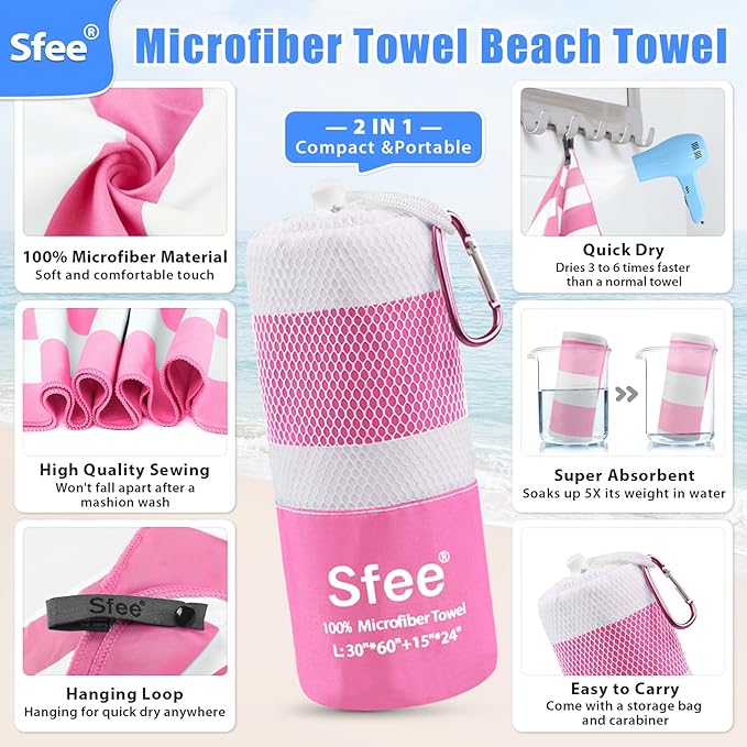 Sfee 2 in 1 Microfiber Oversized Beach Towel, Quick Dry Towel Travel Towel Camping Towel Super Absorbent Compact Lightweight Sports Towel Gym Towel for Beach,Gym, Hiking, Pool, Backpacking, Bath, Yoga