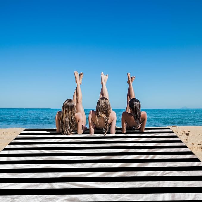 Waterproof Sandproof Beach Blanket, 78''×86'' Large Outdoor Picnic Blanket for 4 Adults, Compact Beach Mat Sand Free for Travel, Camping, Beach Accessories Essentials for Vacation-Black & White Stripe