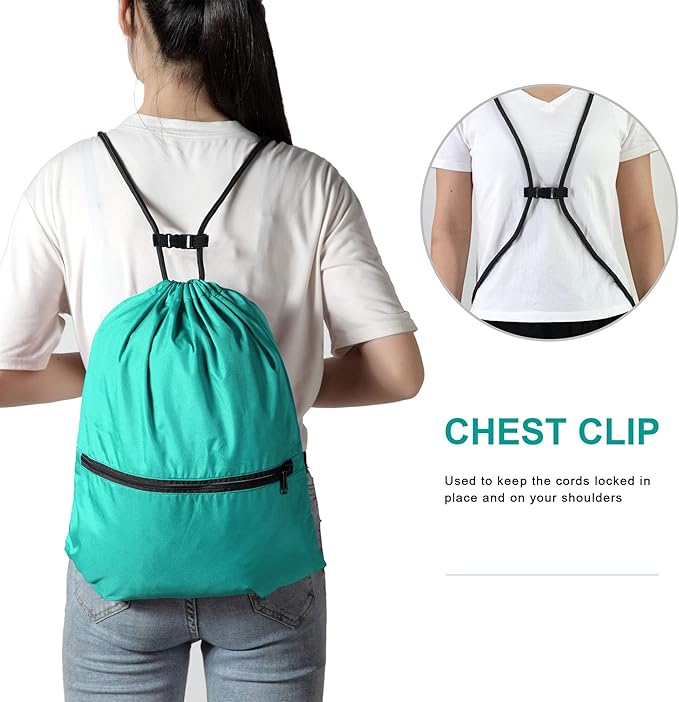 Drawstring Backpack Sports Gym Bag for Women Men Large Size With Two Zipper Pockets and Water Bottle Mesh Pockets