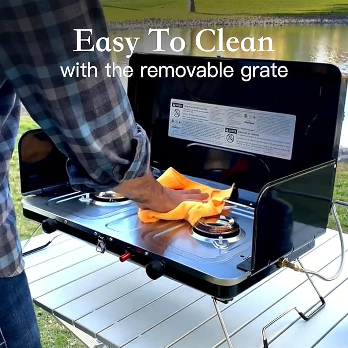Camping Stove, 2 Burners Portable Propane camp Stove with Regulator, Integrated Igniter & Stainless Steel Drip Tray & Built-in Handle & Foldable Legs for Outdoor Cooking and Travel-20000 BTU